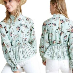 HEMANT & NANDITA Amour Floral Lace Blouse green shirt top